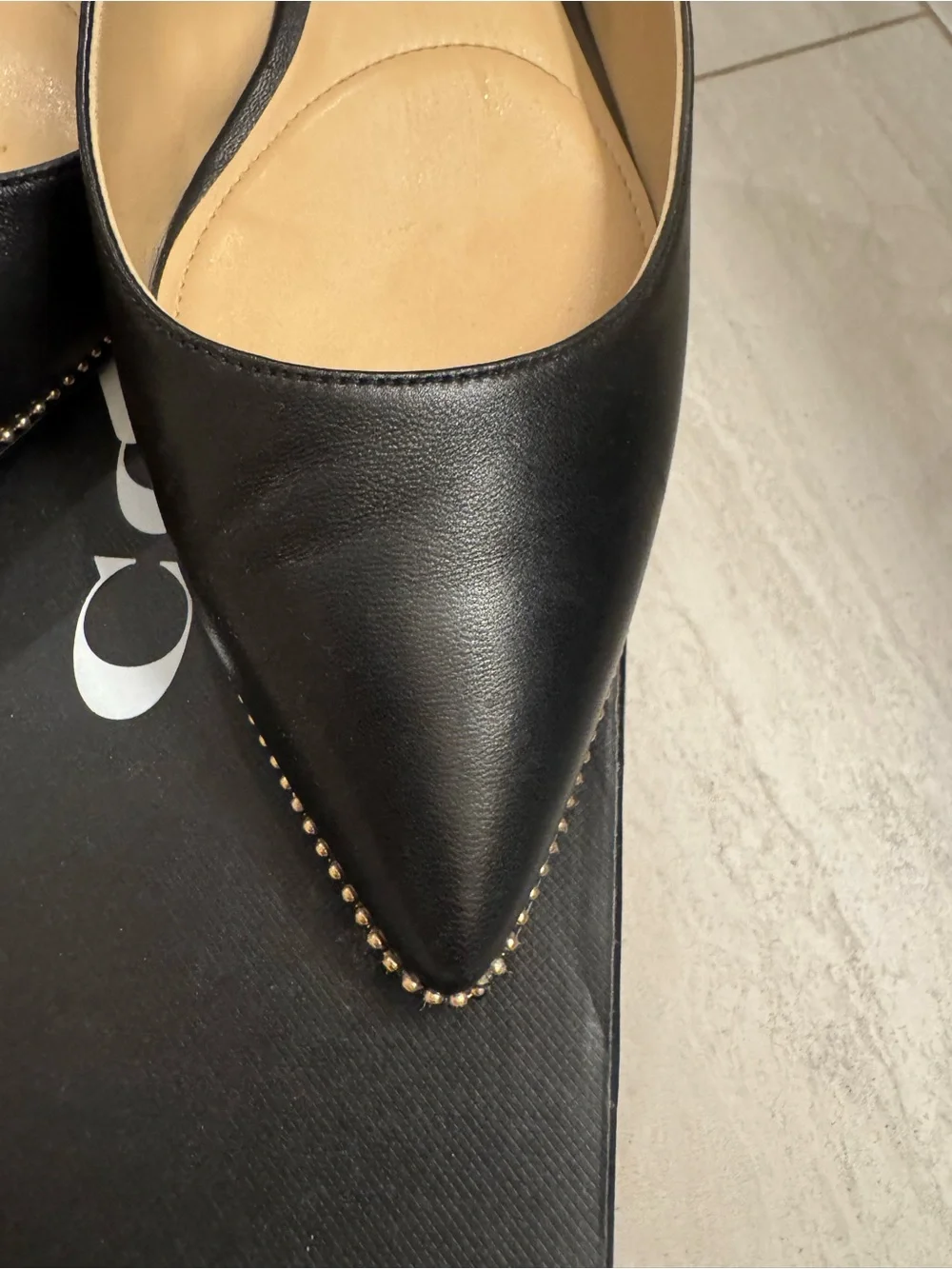Coach Black Pointed Slingback Mules with Gold Stud Trim